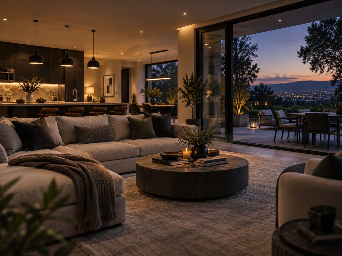 Illustration of a living area at dusk with layered lighting